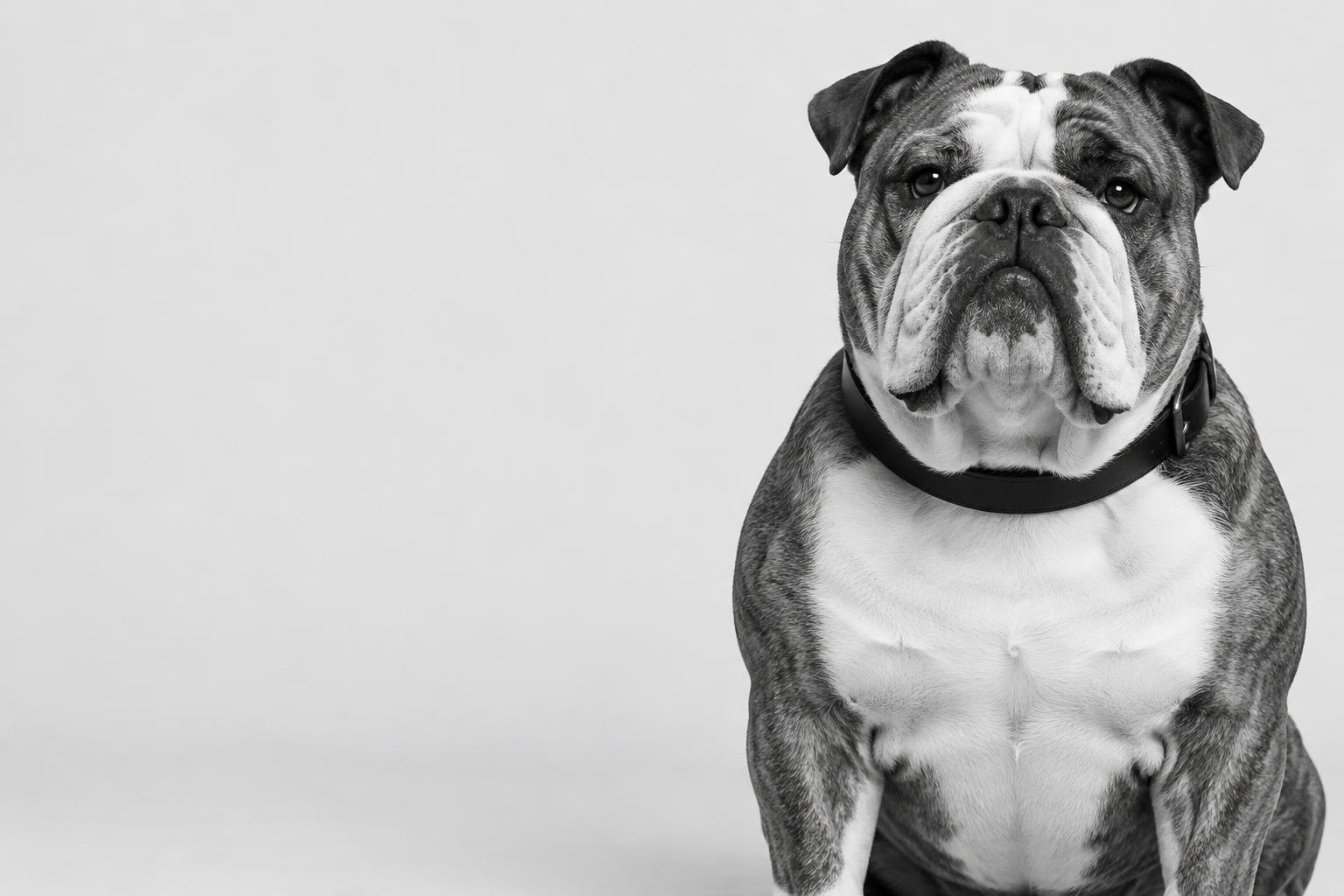 A confident British bulldog photographed in black and white